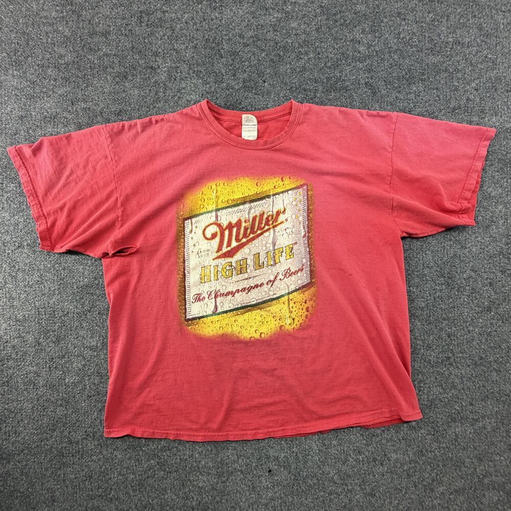 Miller High Life Beer Shirt Mens 2XL Red Gildan Ultra Cotton 2013-15 Distressed